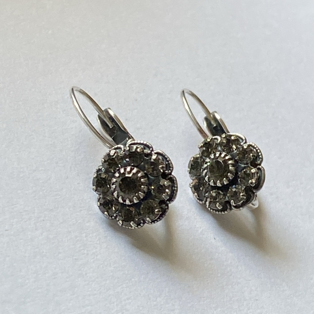 Vintage Sterling Silver Floral Crystal Leverback Earrings